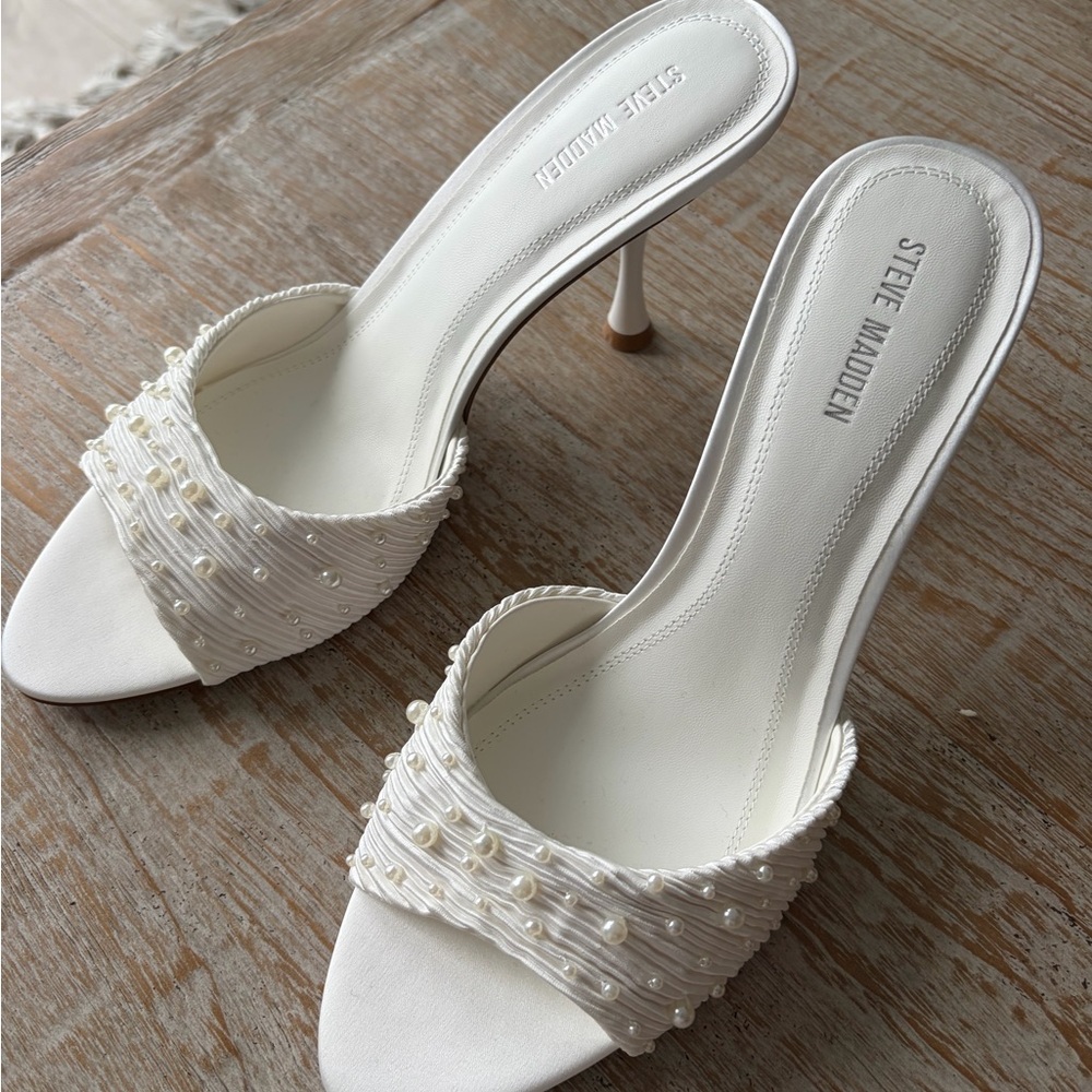 Steve Madden Cream Pearl-Embellished Slide Mules - Picture 3 of 5